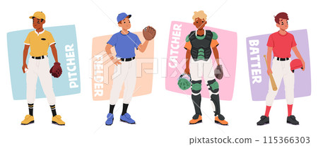 Vector Illustration Of Four Baseball Players Representing Different Positions. Pitcher, Fielder, Catcher And Batter 115366303