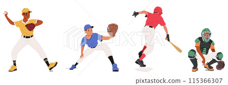 Four Baseball Players In Various Action Poses, Including A Pitcher, Catcher, Batter, And Infielder, Vector Concept Four Baseball Players In Various Action Poses, Including A Pitcher, Catcher, Batter, And Infielder, Vector Concept 115366307