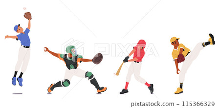 Four Baseball Players Catcher, Batter, Fielder And Pitcher In Different Action Poses. Cartoon Vector Concept of Sports Four Baseball Players Catcher, Batter, Fielder And Pitcher In Different Action Poses. Cartoon Vector Concept of Sports 115366329