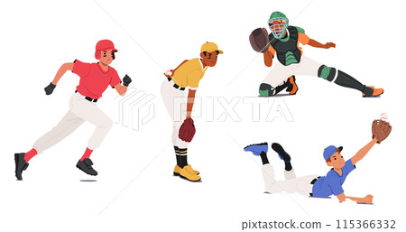 Baseball Players In Various Action Poses. Players Characters Running, Pitching, Catching, And Fielding, Vector Concept Baseball Players In Various Action Poses. Players Characters Running, Pitching, Catching, And Fielding, Vector Concept 115366332