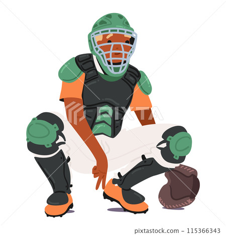 Baseball Catcher In Full Gear, Poised And Ready For Action. Catcher Wears Protective Equipment Including A Helmet 115366343