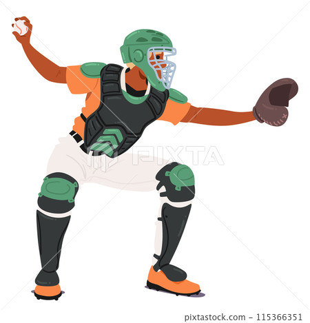 Baseball Player In Action, Dressed In Full Protective Gear, Preparing To Catch A Ball. Catcher Is Equipped With A Helmet Baseball Player In Action, Dressed In Full Protective Gear, Preparing To Catch A Ball. Catcher Is Equipped With A Helmet 115366351