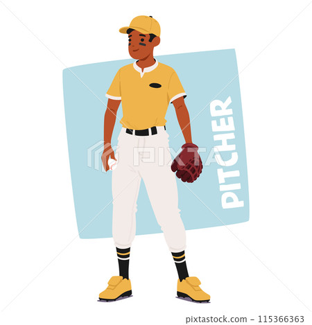 Baseball Pitcher In A Yellow Uniform Standing Ready To Throw The Ball. Player Character Holds A Baseball In One Hand Baseball Pitcher In A Yellow Uniform Standing Ready To Throw The Ball. Player Character Holds A Baseball In One Hand 115366363