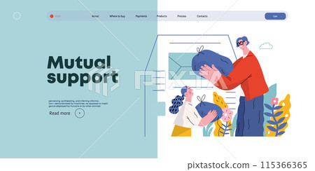 Mutual Support Giving clothes to donation bins -modern flat vector concept illustration of people placing bags of clothes into drop-off box A metaphor of voluntary, collaborative exchanges of resource 115366365