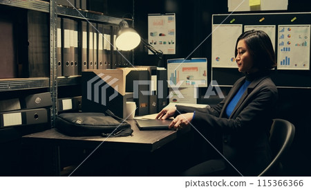 Private investigator finishes reading archived documents and connecting the dots, preparing for field work investigating. Asian agent creates timeline of events based on archived records. Camera B. 115366366