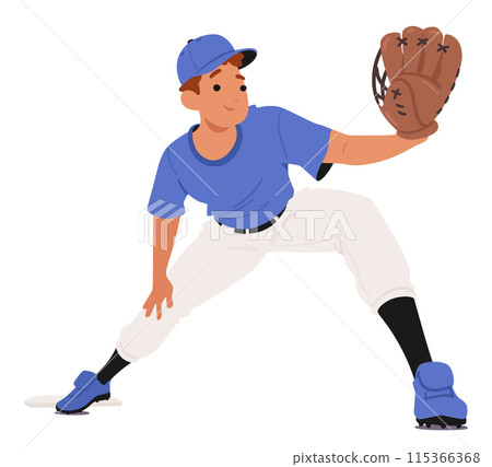Young Fielder Baseball Player Wearing A Blue Uniform, Poised To Catch The Ball With His Glove, Vector Image 115366368