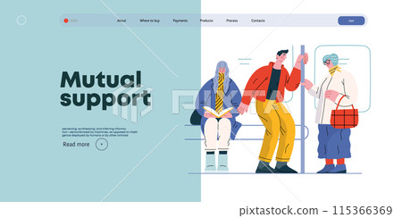 Mutual Support Giving up seat in public transport -modern flat vector concept illustration of man offering his seat to elderly woman on bus A metaphor of voluntary, collaborative exchanges of services 115366369