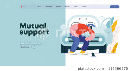 Mutual Support: Adopting a stray animal -modern flat vector concept illustration of man stopping his car for a kitten on the road A metaphor of voluntary, collaborative exchanges of resource, services 115366376