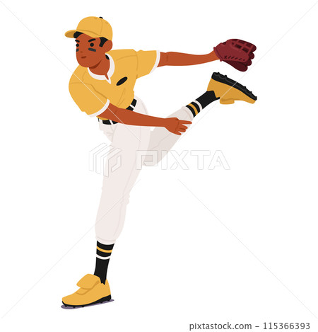Baseball Player In Mid-pitching Action. Player In Yellow Uniform With Focused Expression, Conveying Athleticism Baseball Player In Mid-pitching Action. Player In Yellow Uniform With Focused Expression, Conveying Athleticism 115366393