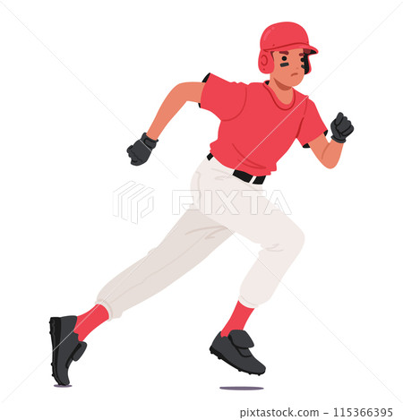 Baseball Player Character In A Red Uniform Running. Batter Athlete Is Wearing A Helmet, Gloves, And Cleats Baseball Player Character In A Red Uniform Running. Batter Athlete Is Wearing A Helmet, Gloves, And Cleats 115366395