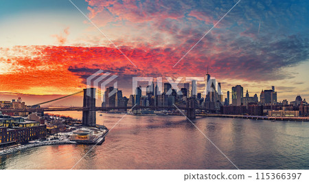 Brooklyn bridge and Manhattan at sunset Brooklyn bridge and Manhattan at sunset 115366397