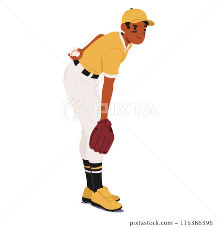 Focused Baseball Pitcher In Yellow Jersey And White Pants Holding A Ball. Athlete Is Poised, Showing Determination 115366398