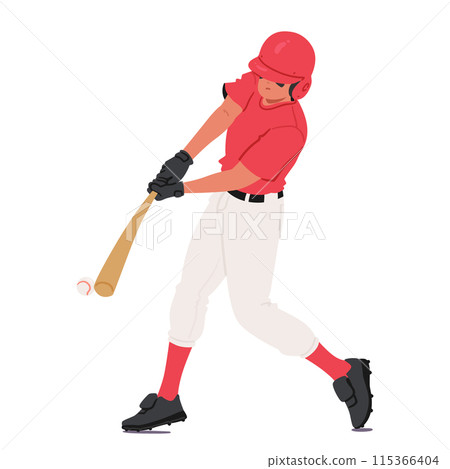 Batter Baseball Player Character In Red And White Uniform, Swinging A Wooden Bat To Hit A Baseball, Vector Illustration Batter Baseball Player Character In Red And White Uniform, Swinging A Wooden Bat To Hit A Baseball, Vector Illustration 115366404
