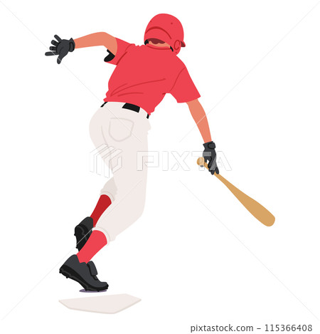 Baseball Player Character In A Red Jersey And White Pants Swinging A Bat After Hitting A Ball, Emphasizing Action Baseball Player Character In A Red Jersey And White Pants Swinging A Bat After Hitting A Ball, Emphasizing Action 115366408
