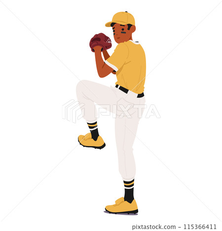 Baseball Player In A Yellow Uniform Preparing To Pitch The Ball. Player Character Is In An Action Pose, Showcasing Focus 115366411