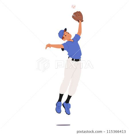 Young Fielder Baseball Player Character In Blue Uniform Jumping To Catch A Ball With A Glove Cartoon Vector Illustration Young Fielder Baseball Player Character In Blue Uniform Jumping To Catch A Ball With A Glove Cartoon Vector Illustration 115366413