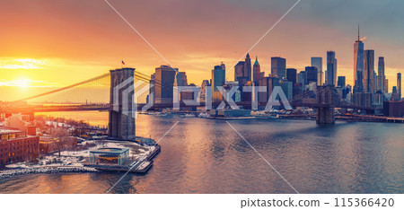 Brooklyn bridge and Manhattan at sunset Brooklyn bridge and Manhattan at sunset 115366420