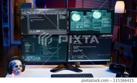 Close up of desk in criminals den and hacking software interface on PC used for stealing data and blackmailing victims. Technology in apartment used for deploying DDOS attacks scripts Close up of desk in criminals den and hacking software interface on PC used for stealing data and blackmailing victims. Technology in apartment used for deploying DDOS attacks scripts 115366423