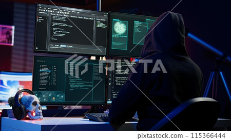 Cybercriminal coding, developing zero day exploit undetectable by antivirus software installed on systems, close up shot. Hooded developer building script able to trick firewalls, camera B Cybercriminal coding, developing zero day exploit undetectable by antivirus software installed on systems, close up shot. Hooded developer building script able to trick firewalls, camera B 115366444