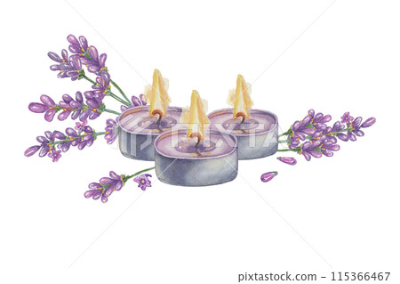 Burning purple tealight. Lavender flowers and perfumed candle for home fragrance. Home spa aromatherapy watercolor illustration. Clipart for beauty, cosmetics, labels design, wellness, packaging Burning purple tealight. Lavender flowers and perfumed candle for home fragrance. Home spa aromatherapy watercolor illustration. Clipart for beauty, cosmetics, labels design, wellness, packaging 115366467