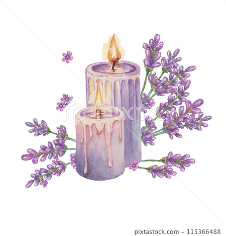 Lavender and lilac wax candles for home fragrance. Home spa aromatherapy relaxing watercolor illustration. Hand drawn clipart for beauty, cosmetics, labels, organic products, wellness and packaging 115366488