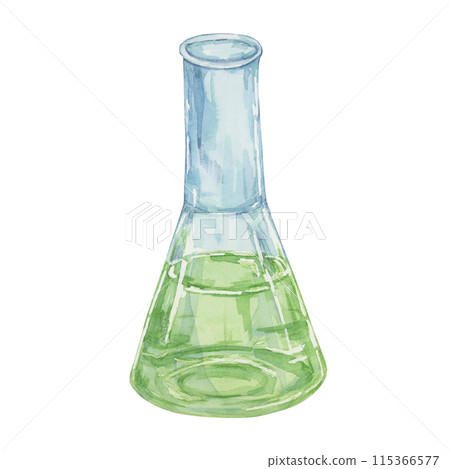 Erlenmeyer conical flask with green transparent liquid. Flat bottom glassware isolated watercolor clipart, Cylinder glassware clipart for educational illustration in school lab, pharmaceutical science Erlenmeyer conical flask with green transparent liquid. Flat bottom glassware isolated watercolor clipart, Cylinder glassware clipart for educational illustration in school lab, pharmaceutical science 115366577