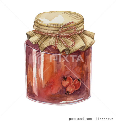 Rose hip jam in glass jar with canvas burlap fabric lid and twine rope bow. Rosehip berry breakfast jelly watercolor illustration for printing, food packaging, labels, cards, stickers, scrapbooking Rose hip jam in glass jar with canvas burlap fabric lid and twine rope bow. Rosehip berry breakfast jelly watercolor illustration for printing, food packaging, labels, cards, stickers, scrapbooking 115366596
