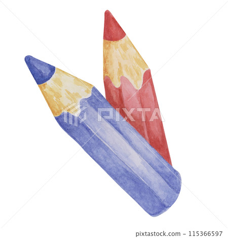 Red and blue colored pencils. Wooden stationery clipart for drawing, writing. Retro crayon watercolor illustration for kids party, sticker, scrapbooking, invitations, baby shower, nursery decor Red and blue colored pencils. Wooden stationery clipart for drawing, writing. Retro crayon watercolor illustration for kids party, sticker, scrapbooking, invitations, baby shower, nursery decor 115366597