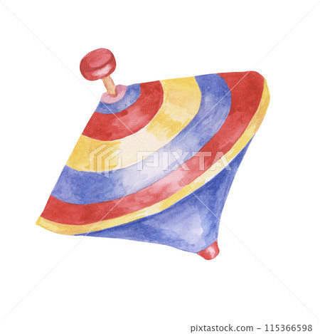 Peg top vintage colorful toy. Educational humming top eco play object clipart. Retro whirligig watercolor illustration for kids party, sticker, scrapbooking, invitations, baby shower, nursery decor Peg top vintage colorful toy. Educational humming top eco play object clipart. Retro whirligig watercolor illustration for kids party, sticker, scrapbooking, invitations, baby shower, nursery decor 115366598