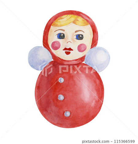 Tumbler doll. Red retro baby toy. Vintage roly-poly watercolor illustration for kids party celebration. Children toy clipart card, flyer, scrapbooking, invitation, sticker, baby shower, nursery decor Tumbler doll. Red retro baby toy. Vintage roly-poly watercolor illustration for kids party celebration. Children toy clipart card, flyer, scrapbooking, invitation, sticker, baby shower, nursery decor 115366599