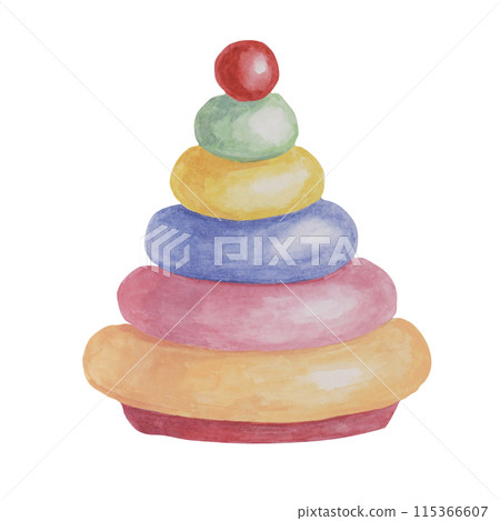 Wooden toy pyramid. Educational stacking rings eco play object clipart. Retro stack up ring tower watercolor illustration for kids party, sticker, scrapbooking, invitations, baby shower, nursery decor Wooden toy pyramid. Educational stacking rings eco play object clipart. Retro stack up ring tower watercolor illustration for kids party, sticker, scrapbooking, invitations, baby shower, nursery decor 115366607