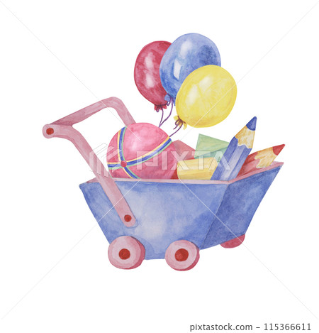 Toy wheelbarrow, crayons, beach ball and balloons. Retro play objects in wooden cart with building blocks clipart. Kids watercolor illustration for sticker, postcard, invitation, baby shower, nursery Toy wheelbarrow, crayons, beach ball and balloons. Retro play objects in wooden cart with building blocks clipart. Kids watercolor illustration for sticker, postcard, invitation, baby shower, nursery 115366611