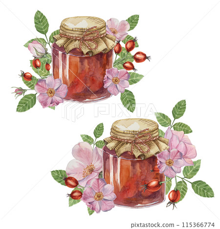Set of home made rose hip jam in glass jar with fabric lid rope bow. Pancake, donut filling traditional Austrian German Swiss fruit preserve watercolor illustration for printing, labels, packaging Set of home made rose hip jam in glass jar with fabric lid rope bow. Pancake, donut filling traditional Austrian German Swiss fruit preserve watercolor illustration for printing, labels, packaging 115366774