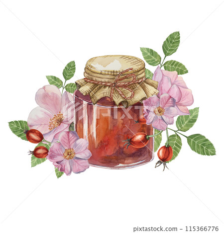 Rose hip jam in glass jar with canvas lid and rope bow. Swiss forest berry preserve with pink flowers and leaves watercolor illustration for printing, food packaging, label, card sticker, scrapbooking Rose hip jam in glass jar with canvas lid and rope bow. Swiss forest berry preserve with pink flowers and leaves watercolor illustration for printing, food packaging, label, card sticker, scrapbooking 115366776