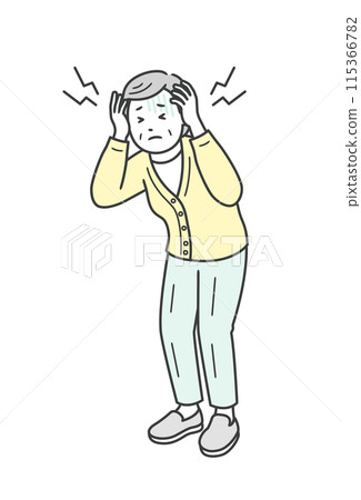 Illustration of an elderly woman suffering from a headache and holding her head Illustration of an elderly woman suffering from a headache and holding her head 115366782