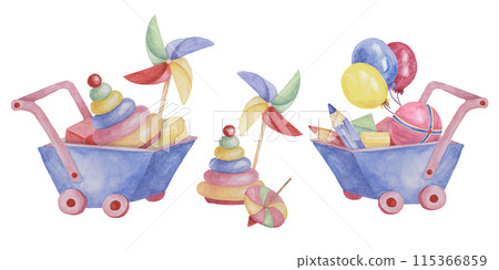 Toys wheelbarrow, crayons, spinning top, pinwheel, bucket and shovel. Retro sandbox play objects kids watercolor clipart for stickers, baby shower, invitation, birthday party, postcard, nursery decor Toys wheelbarrow, crayons, spinning top, pinwheel, bucket and shovel. Retro sandbox play objects kids watercolor clipart for stickers, baby shower, invitation, birthday party, postcard, nursery decor 115366859