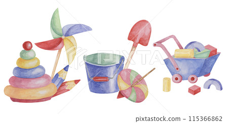 Toys wheelbarrow, crayons, spinning top, pinwheel, bucket and shovel. Retro sandbox play objects kids watercolor clipart for stickers, baby shower, invitation, birthday party, postcard, nursery decor 115366862