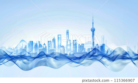 未來派的上海天際線，摩天大樓和東方明珠塔在平靜的天空下 115366907