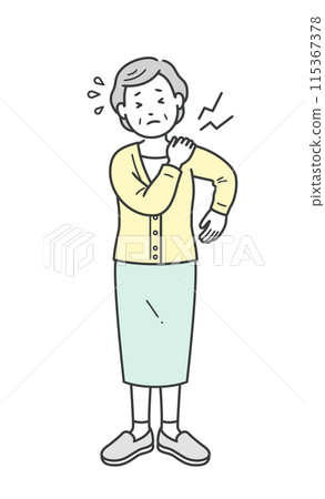 Illustration of an elderly woman putting her hand on her shoulder due to stiff shoulders or shoulder pain Illustration of an elderly woman putting her hand on her shoulder due to stiff shoulders or shoulder pain 115367378