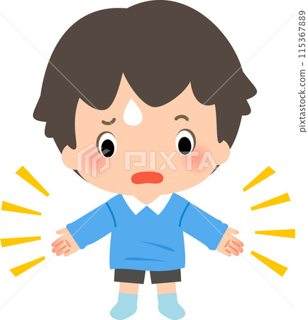 Boy confused by wearing too big long sleeve shirt 115367889