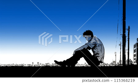孤獨的年輕人：獨自坐在地上，藍天下思考 115368219