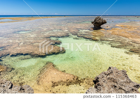 Beach rock with natural lagoon on a sunny day. Iriomote island, Okinawa. 115368463