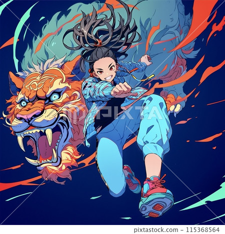 Burning flames, a tiger and a girl 115368564