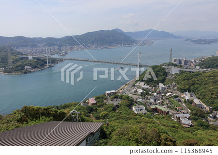 View of the Kanmon Bridge and the Kanmon Straits (right: Shimonoseki, left: Moji) from Hinoyama Park, and the Hinoyama Ropeway 115368945