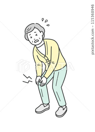 Illustration of an elderly woman putting her hand on her knee due to knee pain 115368946