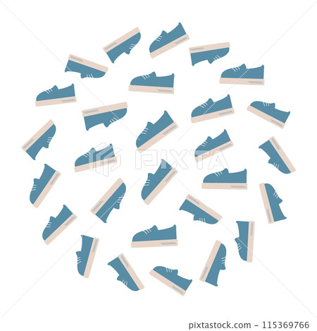 Round shape of stylized lace up sneaker in trendy jeans shades. Promo or background design concept Round shape of stylized lace up sneaker in trendy jeans shades. Promo or background design concept 115369766