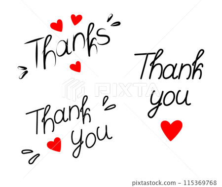 Thank you Thanks Hand drawn lettering with red hearts and decorative elements Greetings or card idea Thank you Thanks Hand drawn lettering with red hearts and decorative elements Greetings or card idea 115369768