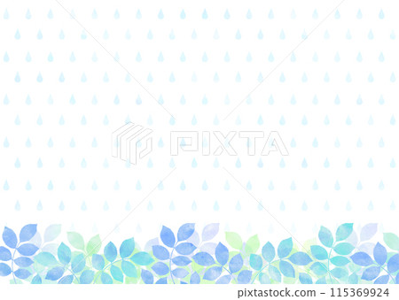 清新的綠色植物和帶有水彩觸感的雨框雨季 115369924