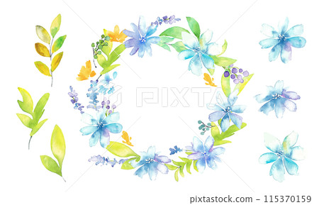 水彩矢量花框。水彩畫花卉和植物的婚禮框架。水彩花束。 115370159