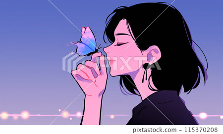 A butterfly rests on a young woman's finger 115370208